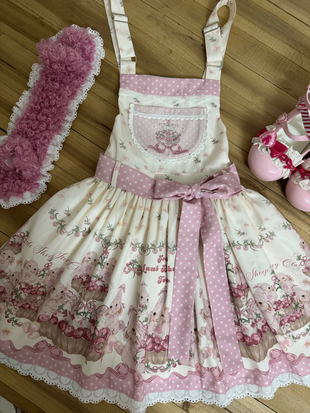 Pink Blueberry Tart Party sweet Lolita JSK with bunny print and lace trim