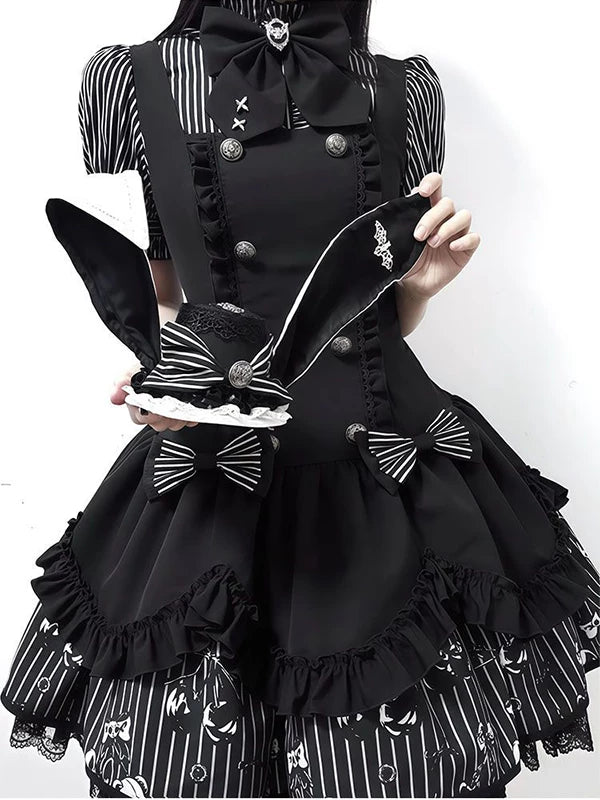 Creamy - Pinstripe Gothic - Striped JSK Set with Puff-Sleeve Inner Layer and Bow Tie