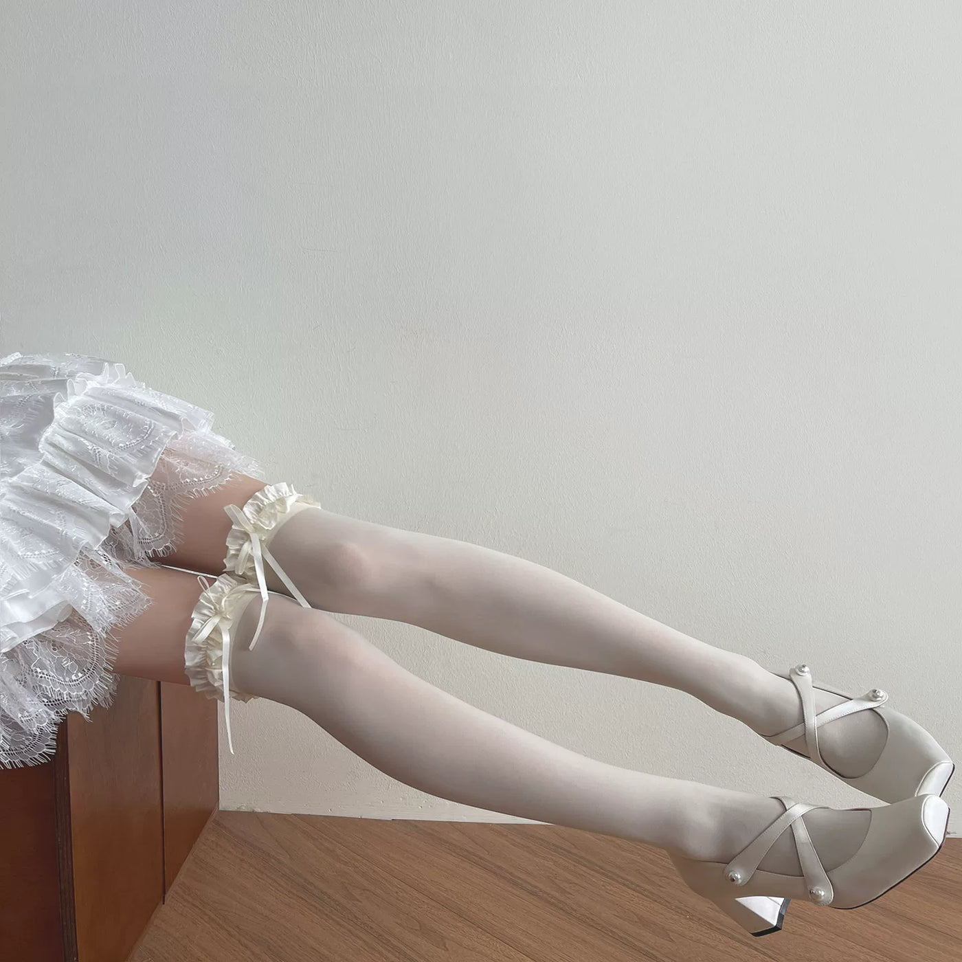 Sock Noble - Gray Ruffle - Over-the-Knee or Mid-Calf Socks with Ruffled Bow Cuffs
