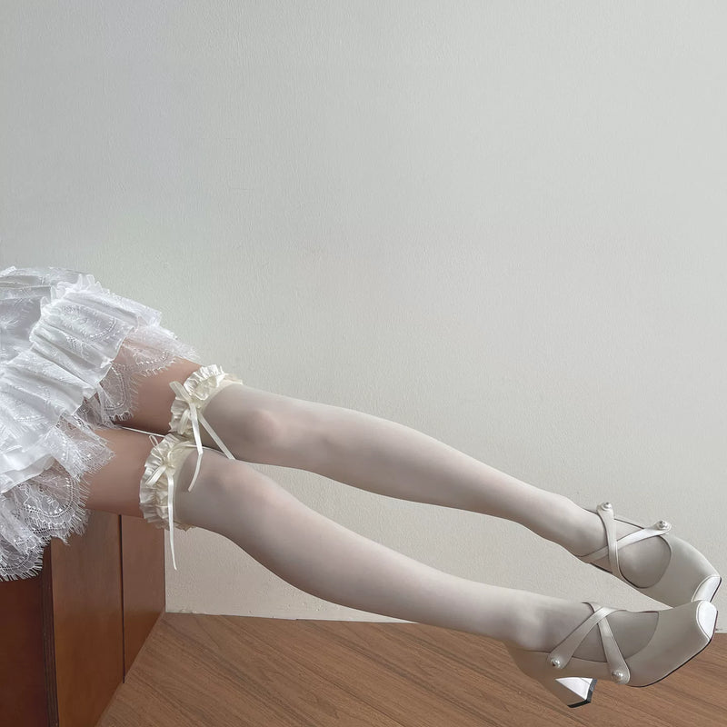 Sock Noble - Cream Ruffle Ribbon - Velvet Socks with Ruffled Bow Cuffs