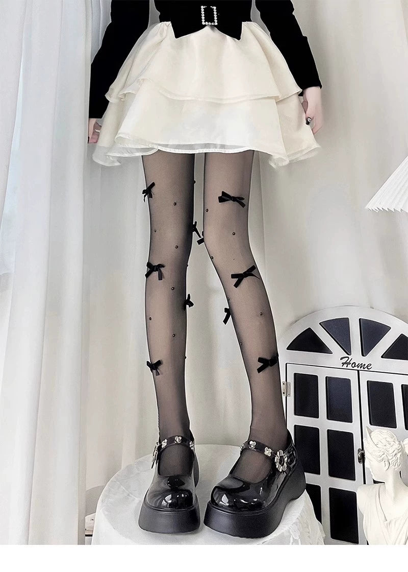 Floral Milk Cat - Pearl Bow - Ultra-Thin Tights with Ribbon Bows