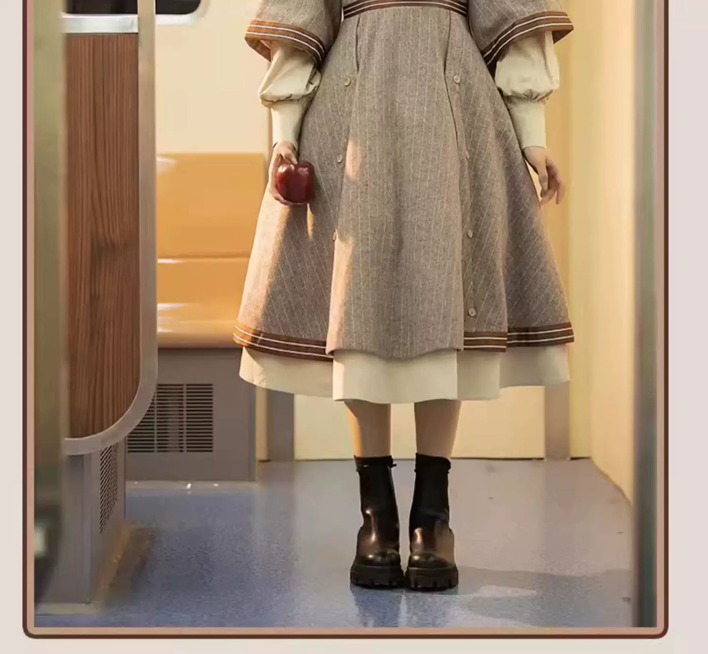 Baozi Pig - Detective Era - One-Piece Dress and Woolen Coat Set with Pinstripes