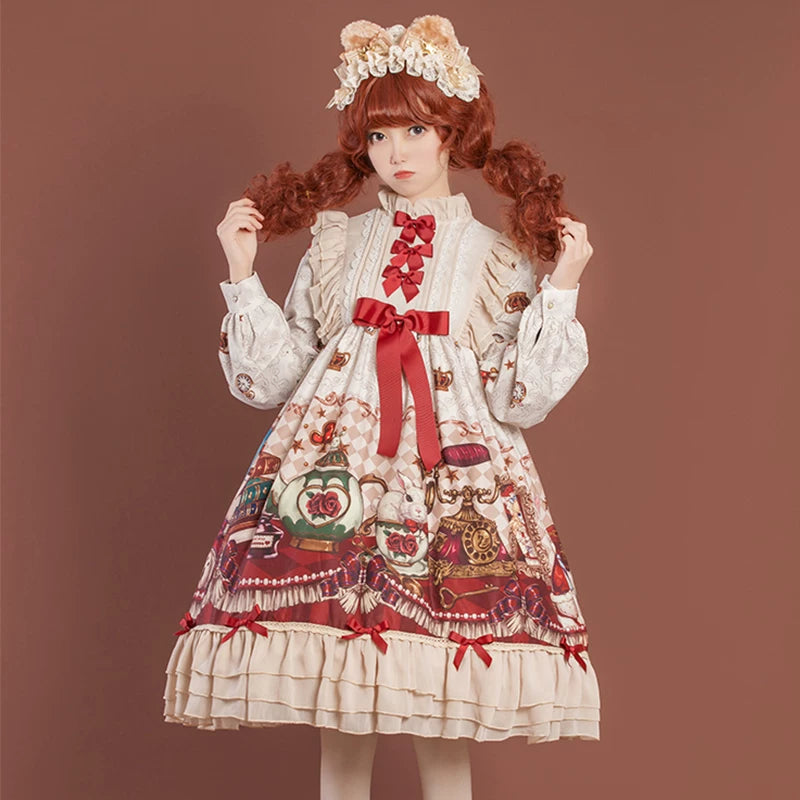 Leopard cat wearing a crown bear-themed OP dress by Lolita Fetch, featuring cute, colorful details and playful design.