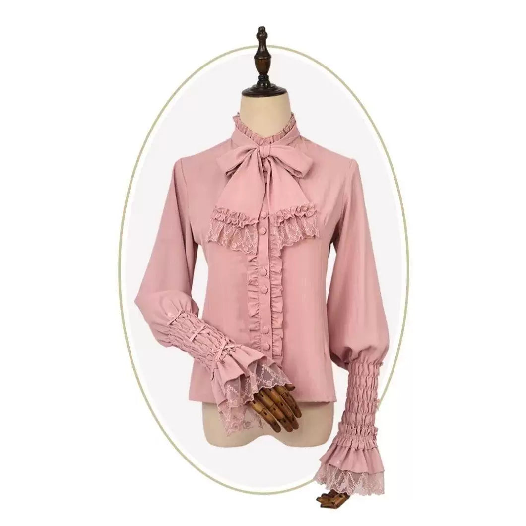 Sweetheart Dream Machine - Four-Colour Floral - Long-Sleeve Blouse with Leg-of-Mutton Sleeves and Bow Tie