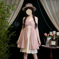 EESSILY - Old Book Pages - Adjustable High-Waist Resort JSK Dress - Dusty Pink / S