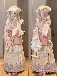 Creamy - Han-Yang Fusion - Pink-and-Cream Top, Mamian Skirt and Shawl Set - Top + Mamian skirt + shawl (free hair tie included) / S
