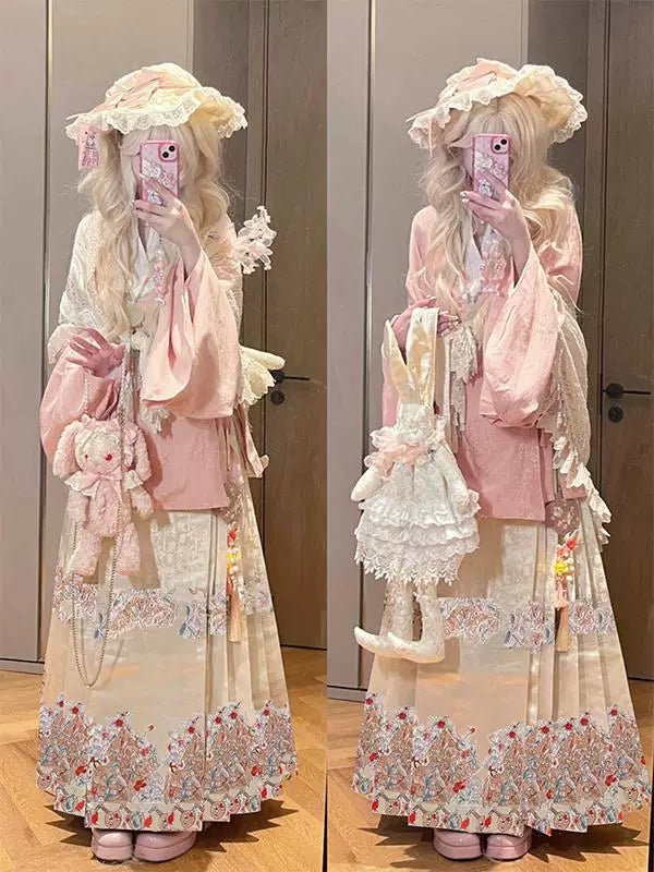 Sweet Lolita Hanfu fusion coord set with blush pink blouse, embroidered Mamian skirt, and matching shawl