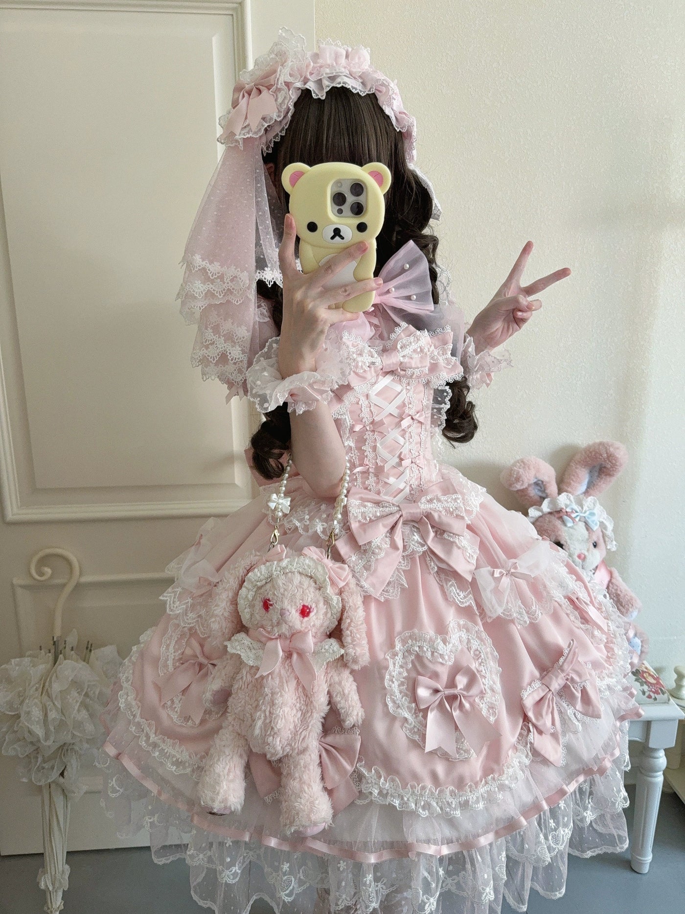Velvet Sweetheart - Doll-like Sweet Lolita Jumper Dress, Bow Accents Pink JSK + Head Veil + Bow Trailing S