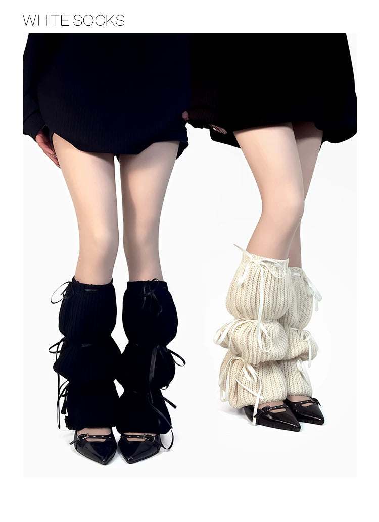 White Socks - Ballet Ribbon - Scrunched Knit Socks with Ribbon Ties