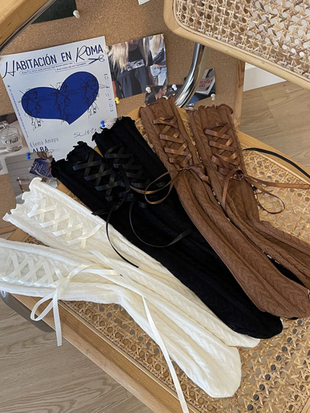 White, black and caramel slouch socks with side lacing