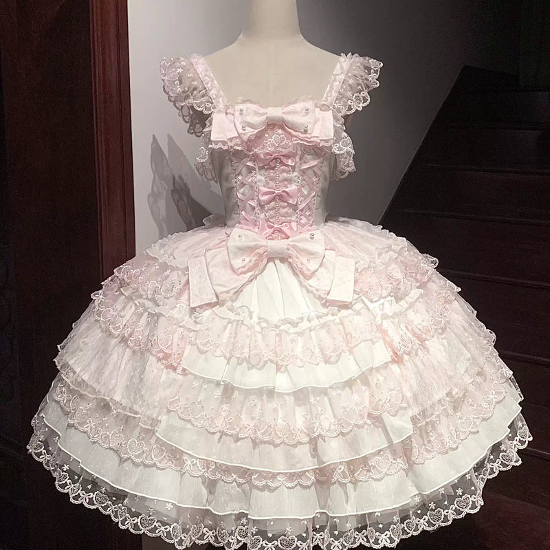 Love Overture - Sweet Lolita JSK Dress, Tiered Ruffles and Heart Lace (L M S) 40624:685418