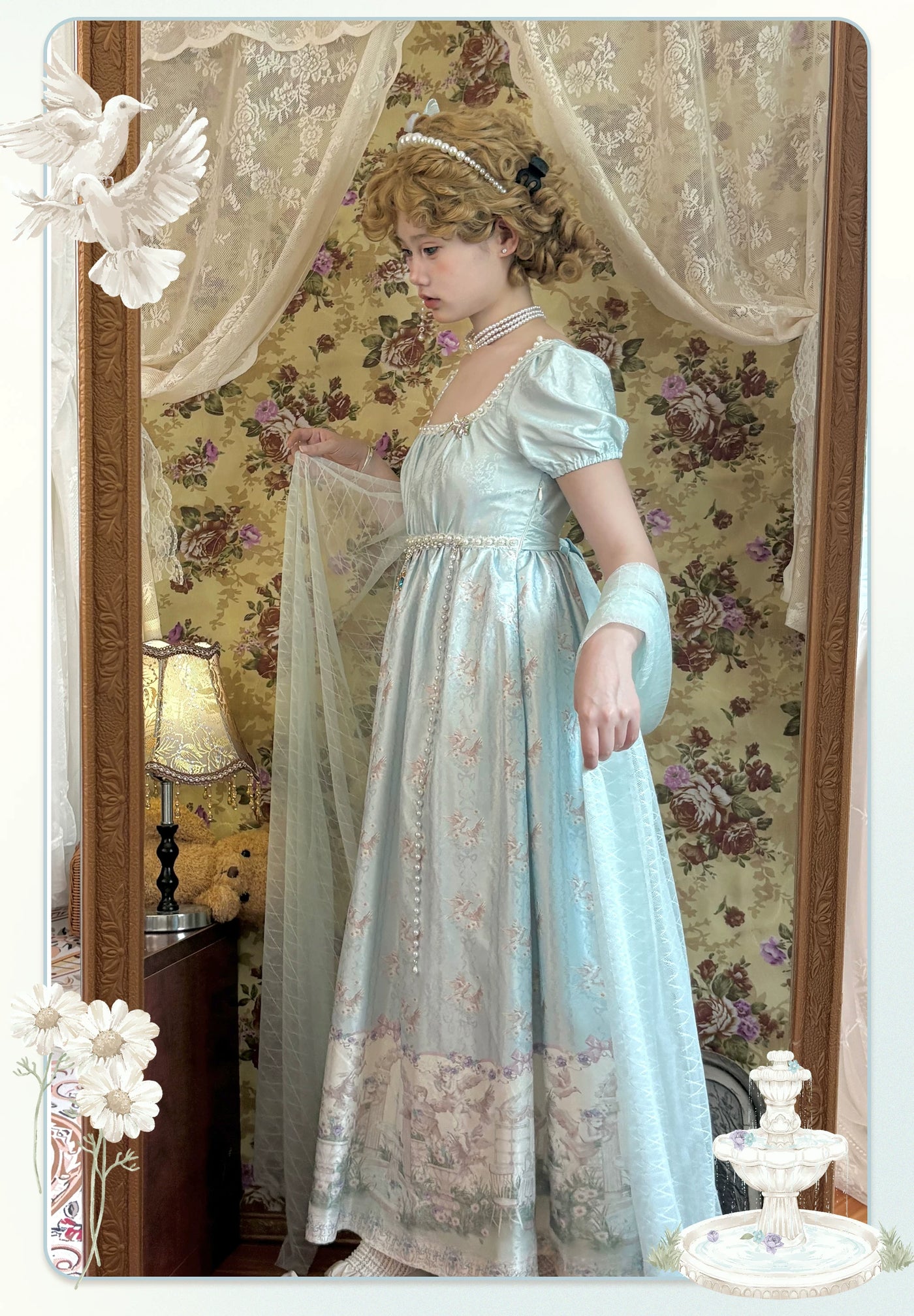 Cat Upon Cat - Angel Garden - Empire-Waist One-Piece Dress with a Garden Scene Hem