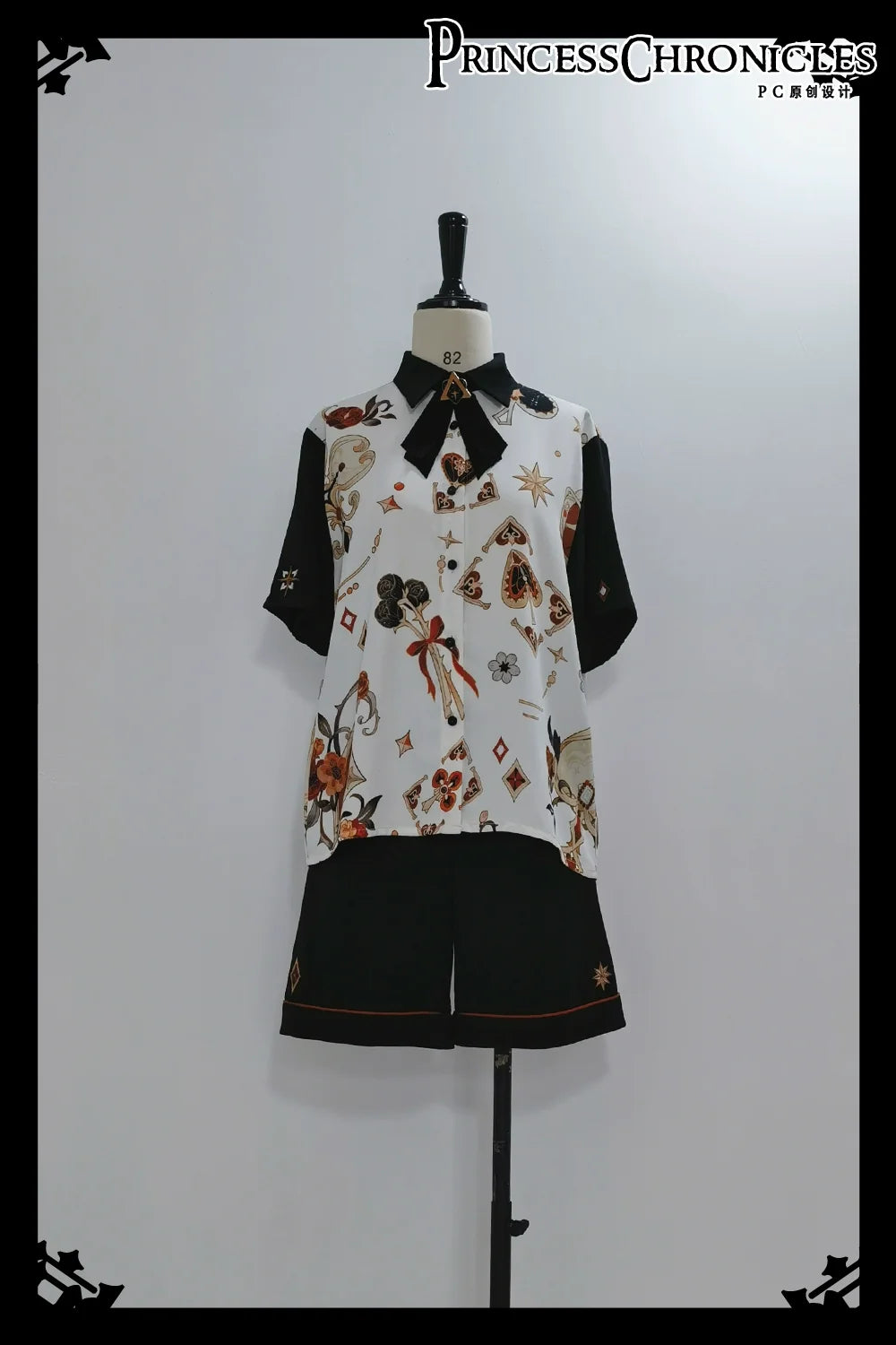 Floral Intoxication - Retro Ouji Lolita Shirt Floral Short Sleeve Shirt and Embroidered Black Shorts (L M S XL) 35222:484720