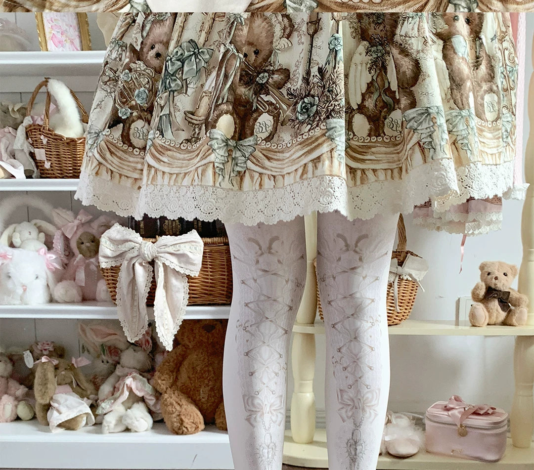 roji roji - Heart-Lock Ribbon - Printed Tights with Heart-Lock Motifs and Bow Accents