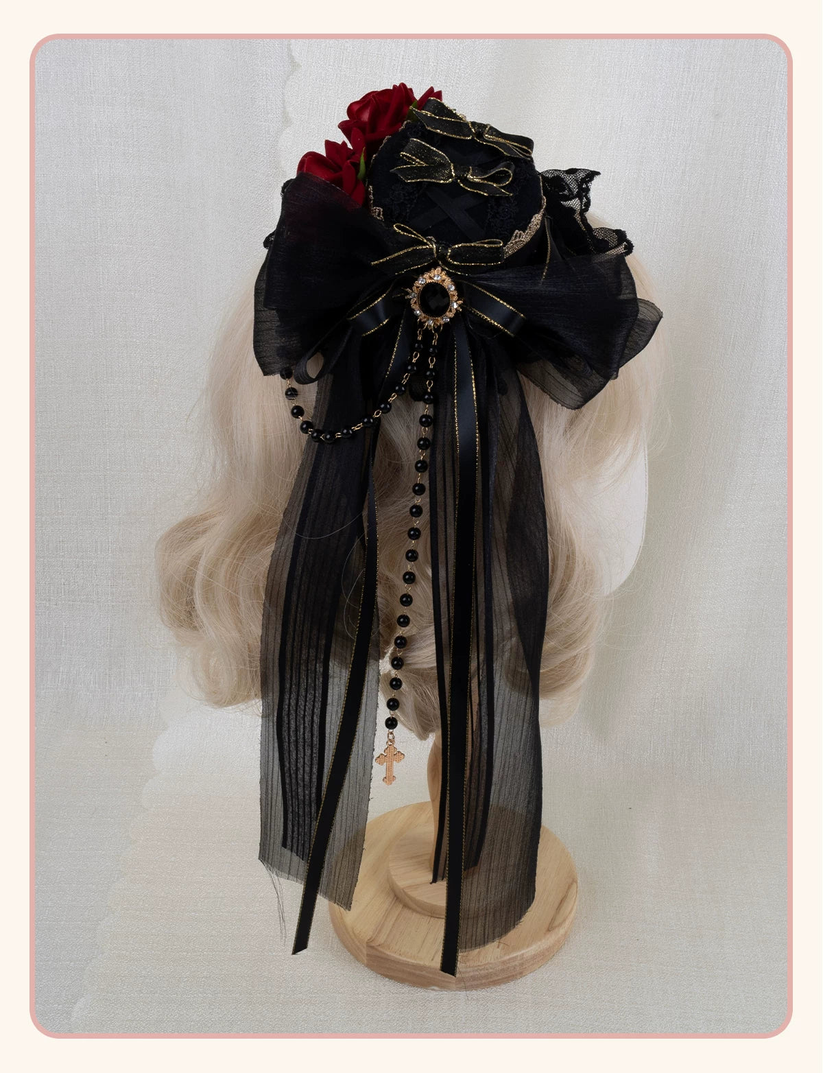 Stardust Rose - Dark Gothic - Black-and-Gold Mini Hat Hair Accessory with Layered Bows