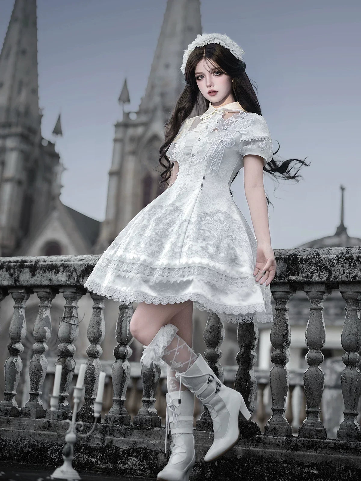 Letters from Unknown Star - White Classic Lolita Printed OP - Dress with Cross OP Dress