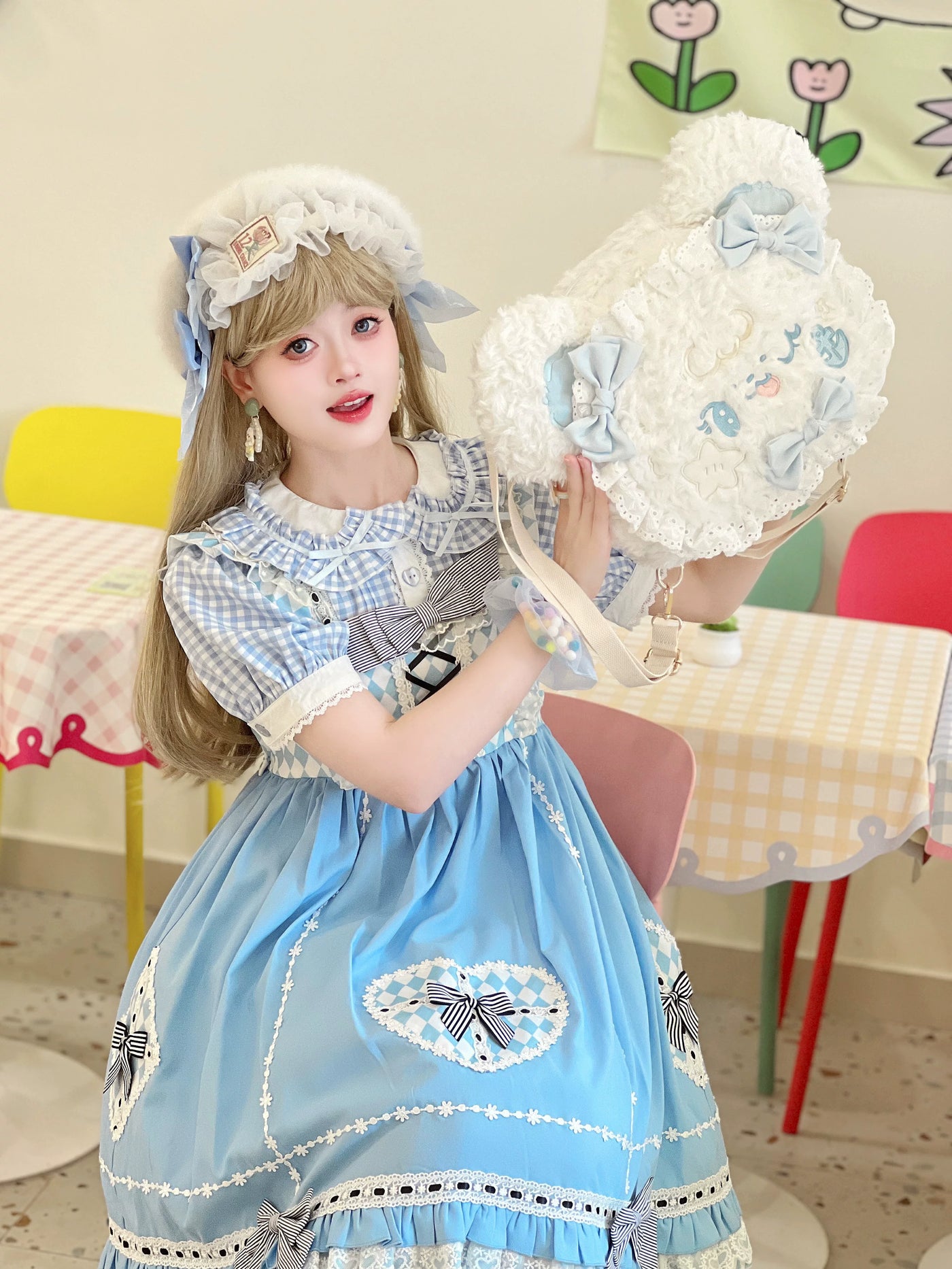 Molly Puppy - Bow Bear - Plush Bear Backpack with Pale-Blue Bows