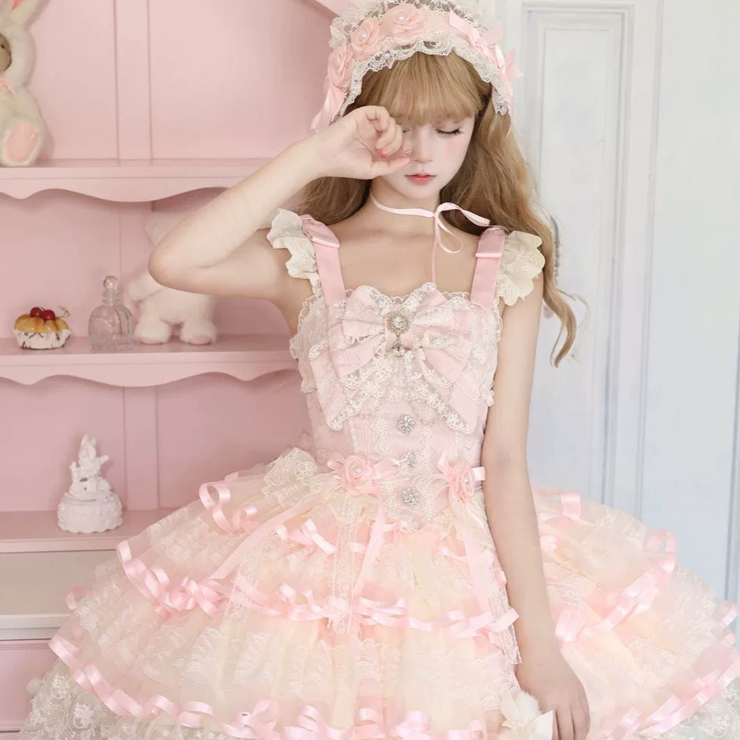 Lady Han Rose Feather Spin Ballet JSK Dress by Lolita Fetch, featuring a floral rose pattern and elegant ballet-inspired design.