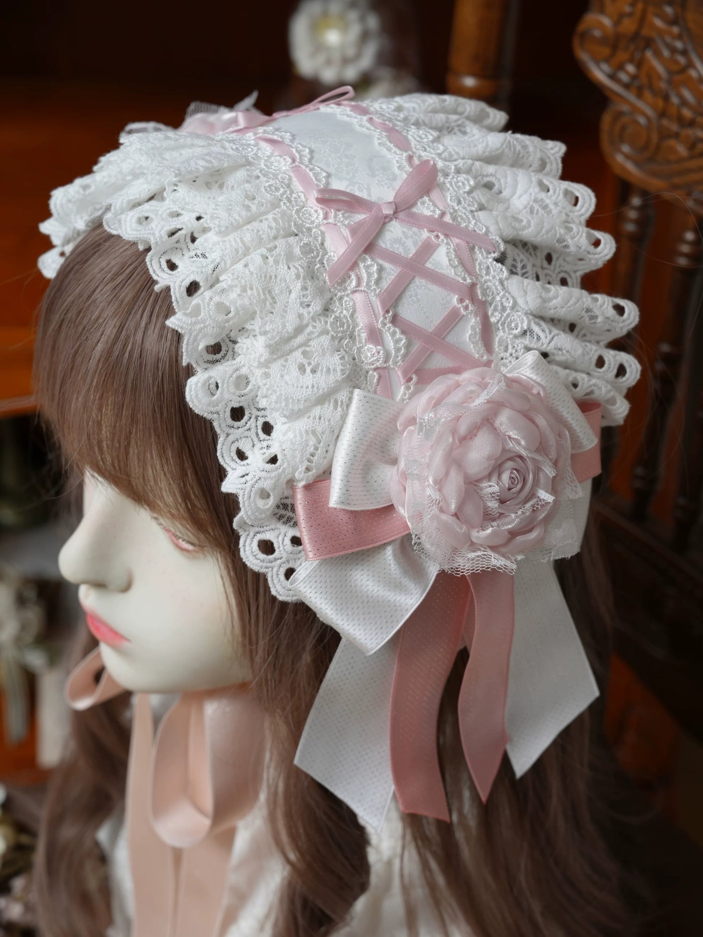 Star Box - Morning Dew Story - White Headwear with a Pink Rose Accent