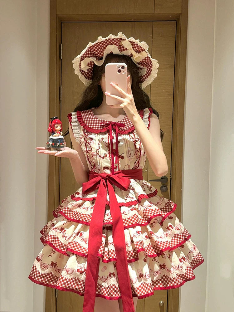 Dream Bunny - The Cherries Are Ripe - Cherry-Print Lolita Fashion Set with Gingham Ruffles
