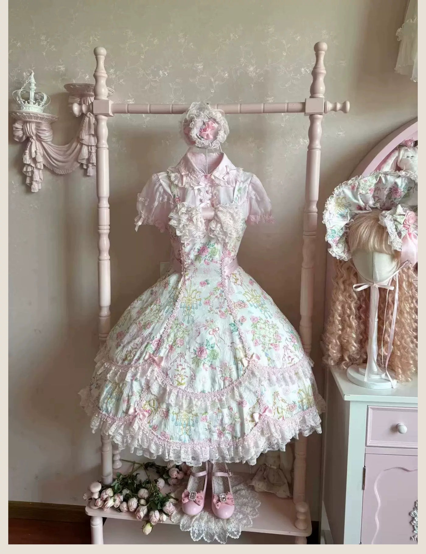 Tata Long Ear - Spring 2025 Floral Wall - Floral Print JSK Dress with Layered Lace Ruffles