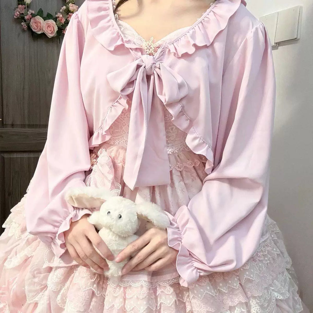 White and pink Lolita chiffon cardigan with ruffled collar and oversized front bow