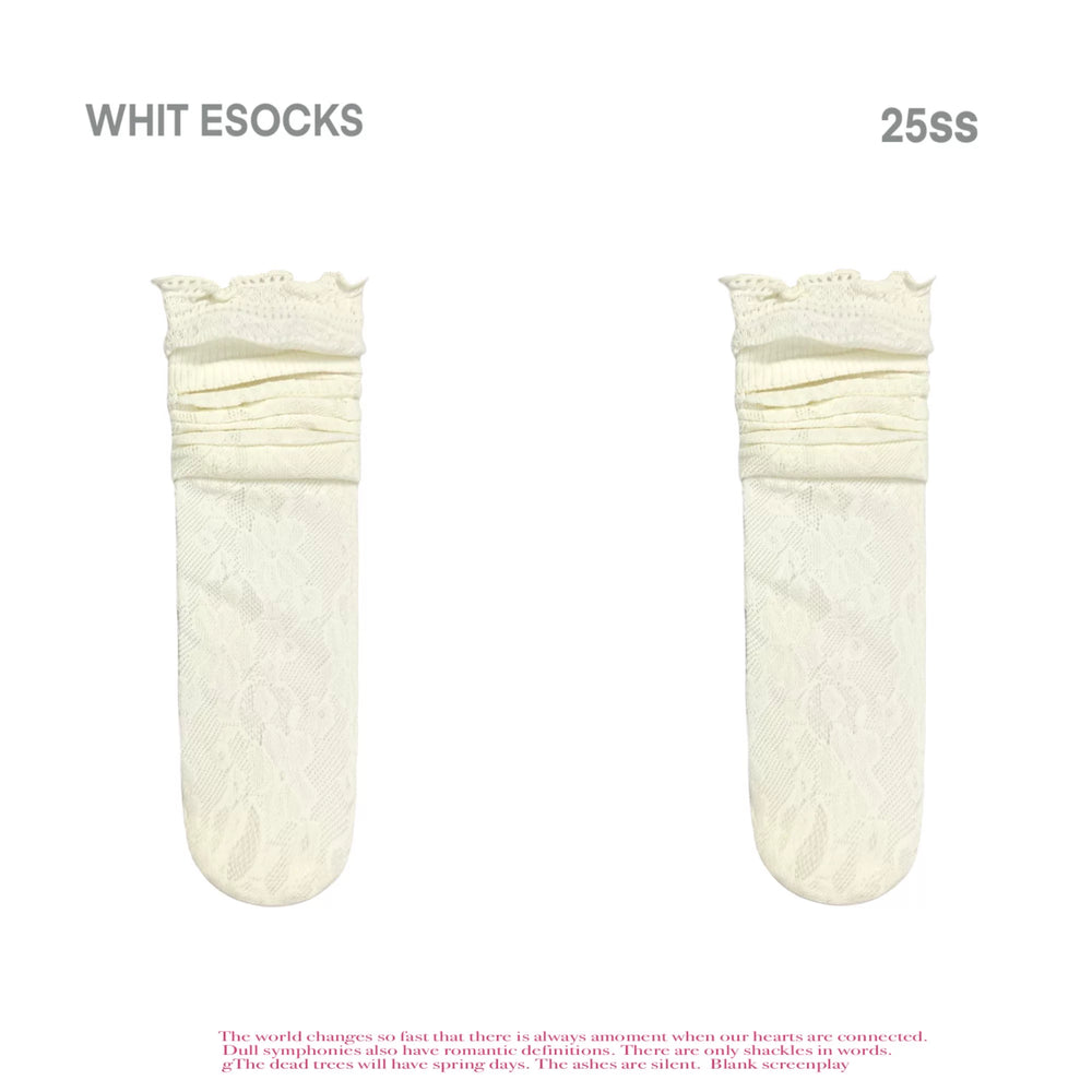 Off-white openwork mid-calf socks with layered cuffs shown against a white background.