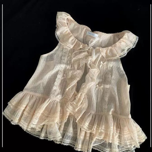 Natural color sweet lolita lace vest, front view showing scalloped neckline and bow tie