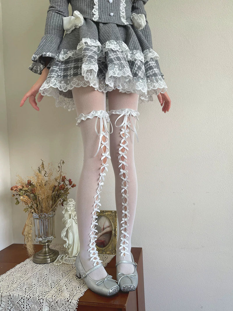 Sock Noble - Sweet-Cool Lace-Up - Openwork Tights with Satin Trim