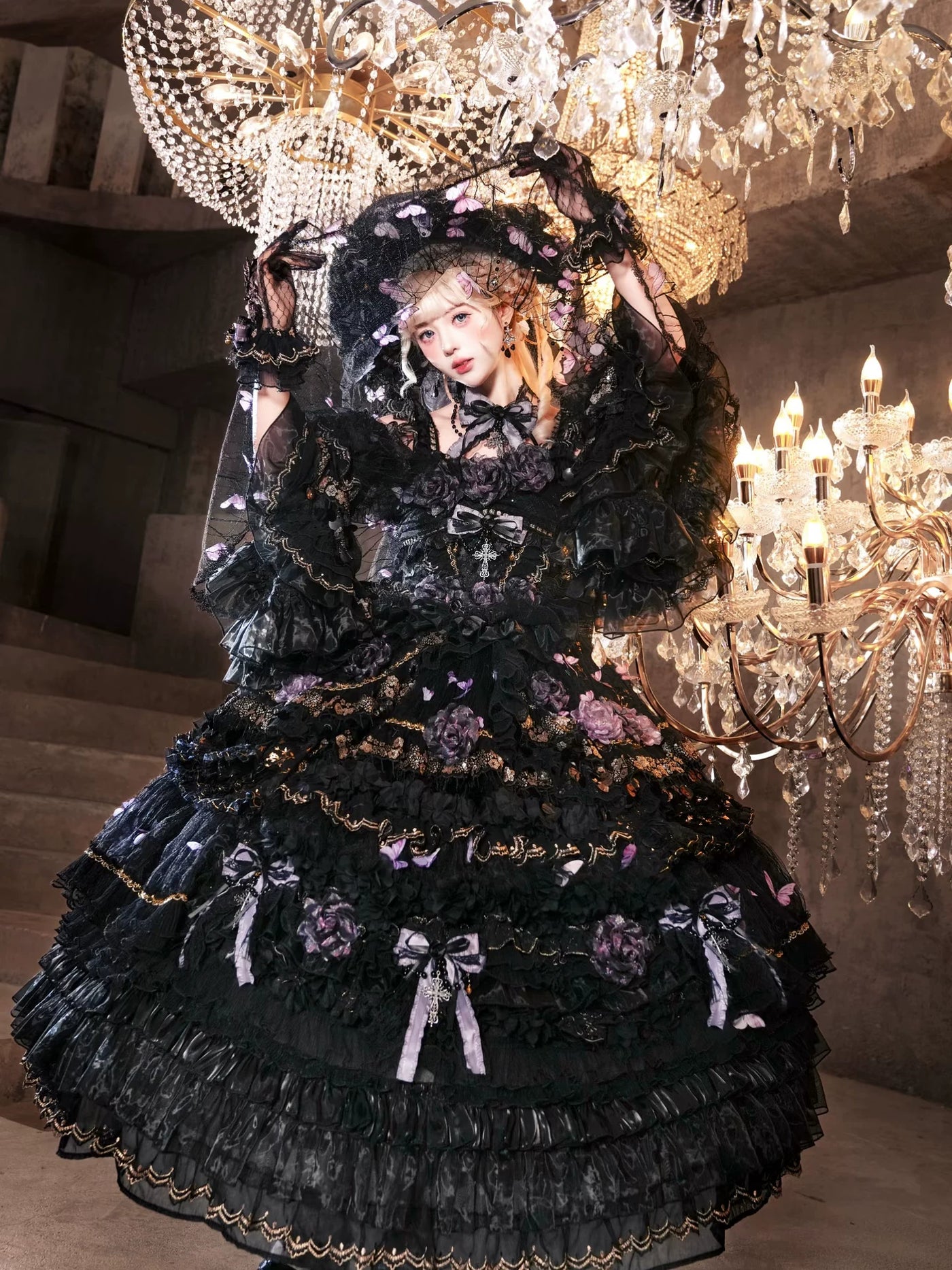Cat Fairy - Moonlit Butterfly Dance - Black-Purple Gothic Lolita Jumper Skirt with Butterfly Motifs