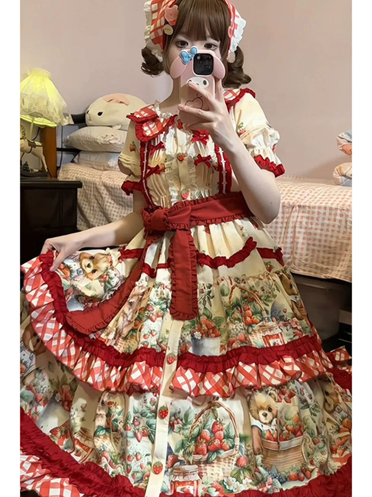 Dream Bunny - December Strawberry Field - Strawberry-Print One-Piece Dress with Red Gingham Ruffles
