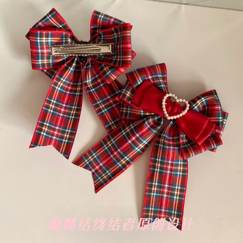 Scottish Plaid Heart Lolita Side Hair Clips — One 9 cm Red Tartan Hair Clip