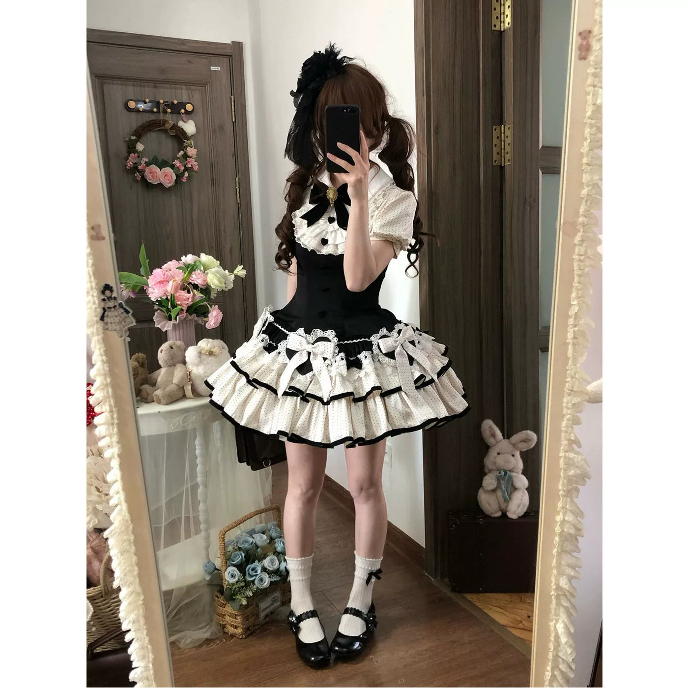 Creamy - Black and White Polka Dot - Lolita One-Piece Dress with a Tiered Ruffle Skirt