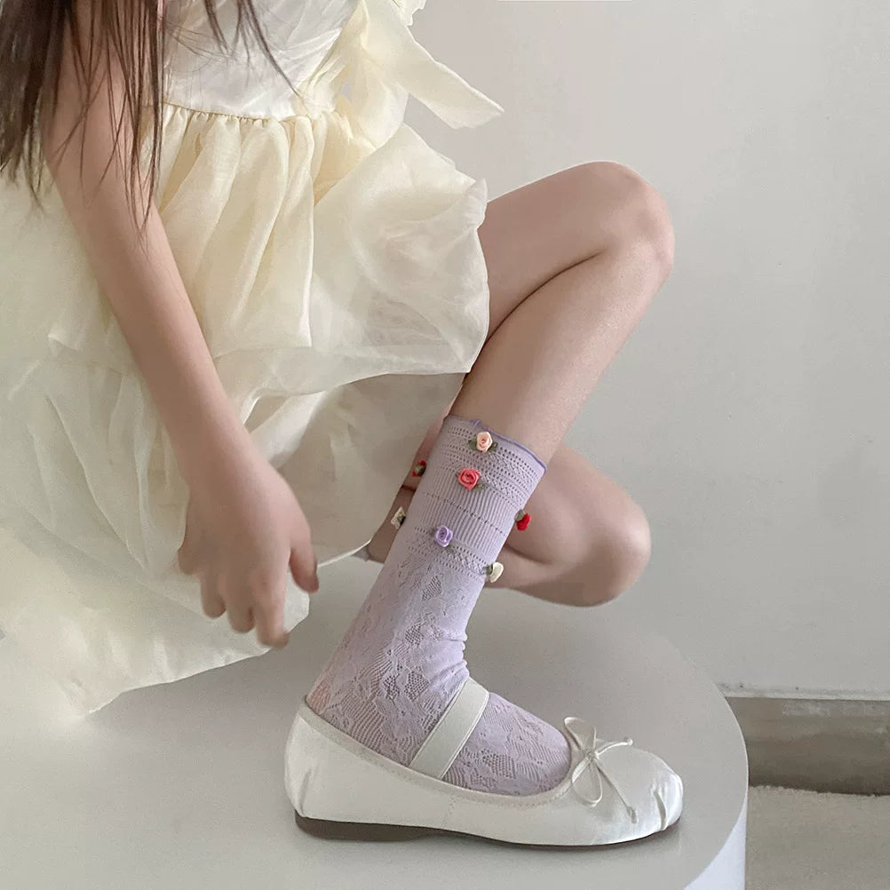 Fantasy Doll - Rose Lace - Floral Openwork Mid-Calf Socks
