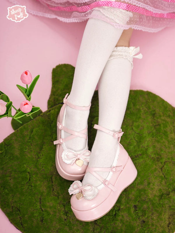 Sheep Puff Sweetheart Thick Roll Platform Lolita Shoes featuring a cute sheep puff design and chunky platform soles.