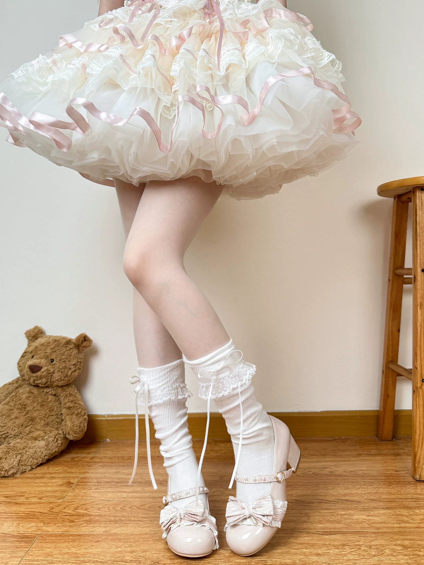 Chubby Bear Tales - Cream Ballet - Calf Socks with Lace Trim and Ribbon Bows