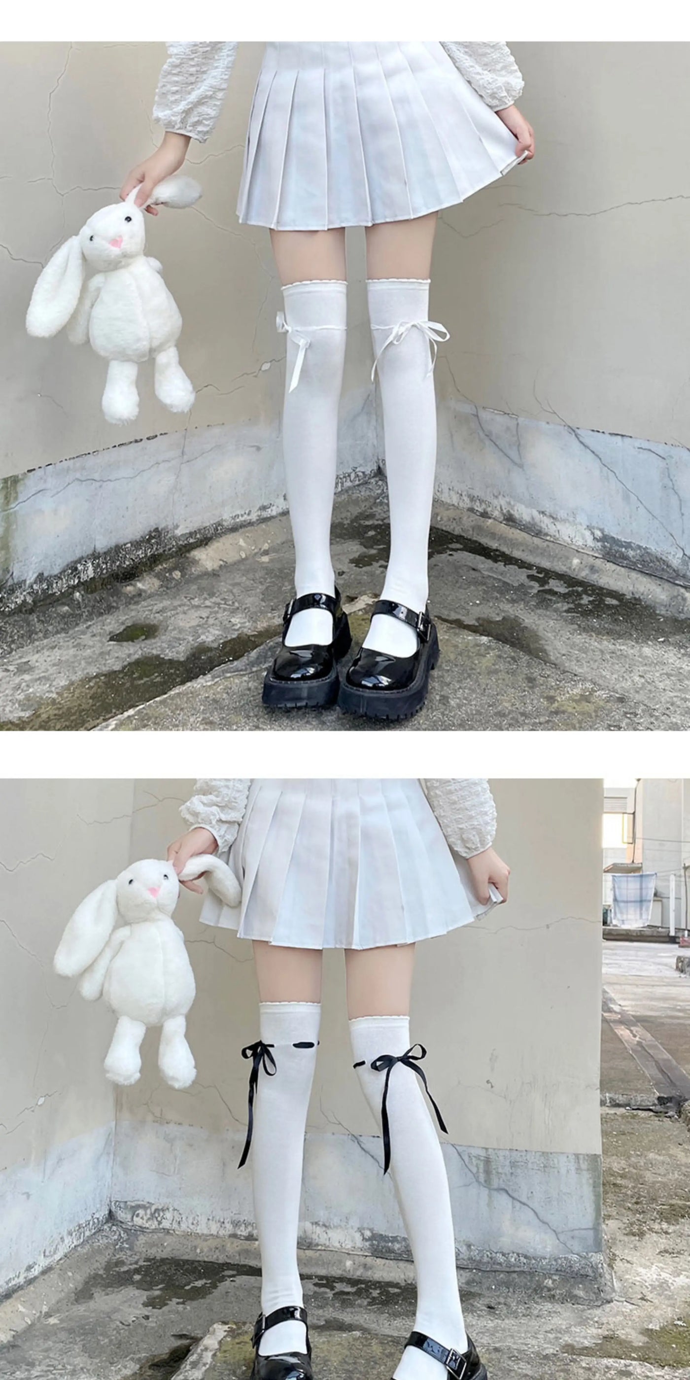 Floral Milk Cat - Ribbon Tie - Over-knee socks with side bows and long ties
