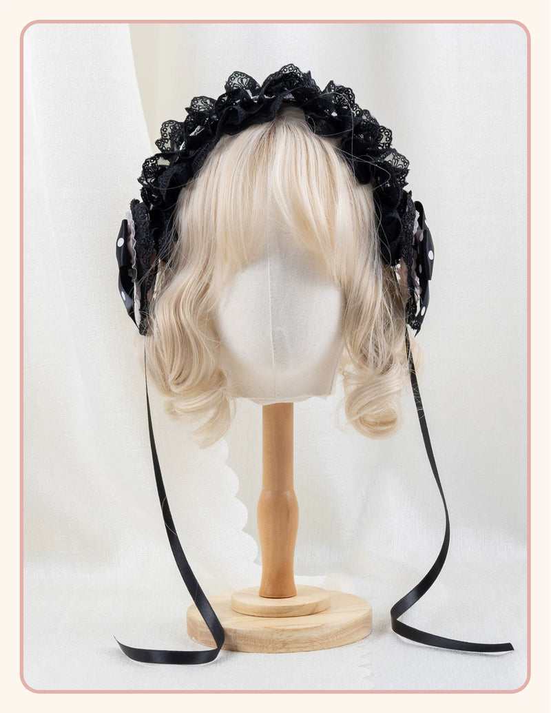 Stardust Rose - Sweet-Cool Polka Dot - Black or Pink Headbands and Flat Caps with Lace Bows