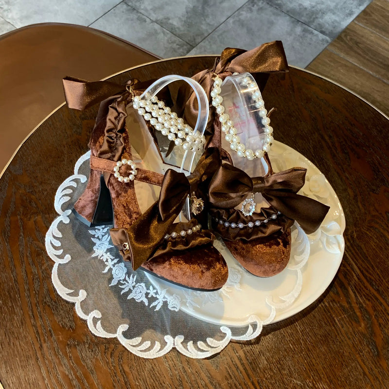 Aimee Ribbon Hymn Lolita shoes — Brown colour, product view