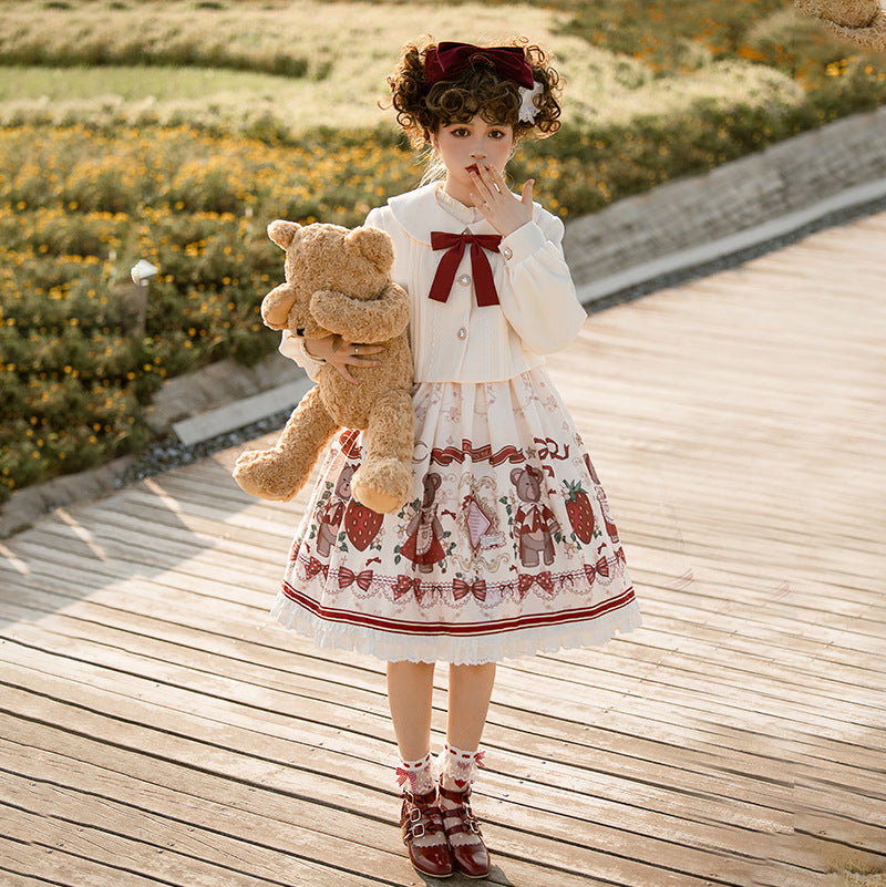 Designer's Gift - Christmas New Year Winter - White Coat and JSK Dress with Red Bow - product detail 3