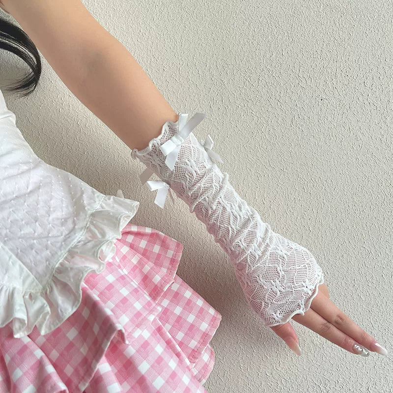 Sock Noble - Korean Lace Bow - Lace arm sleeves with scalloped ruffles and bow ties