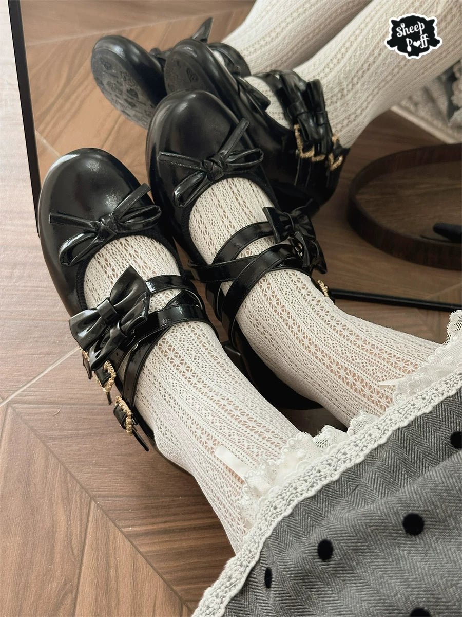 Sheep Puff Elena Bow mid heel Lolita shoes with white and pink design, featuring a decorative bow and elegant style.
