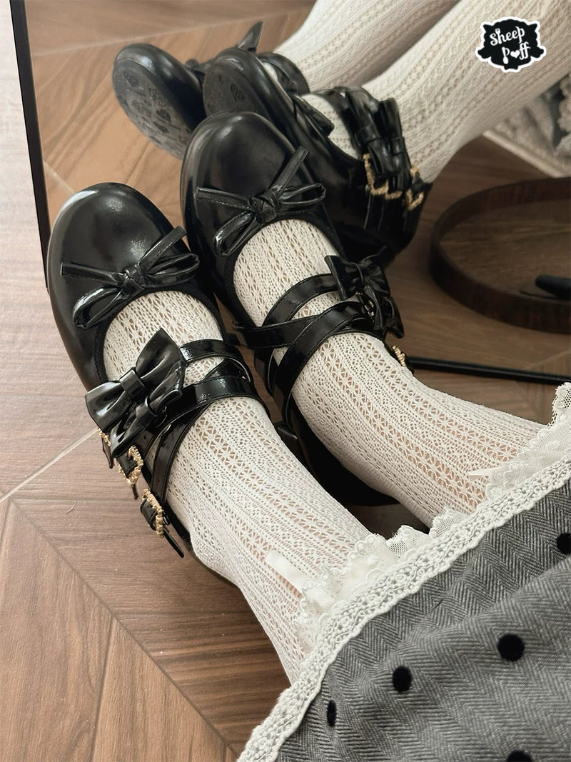 Sheep Puff Elena Bow mid heel Lolita shoes with white and pink design, featuring a decorative bow and elegant style.
