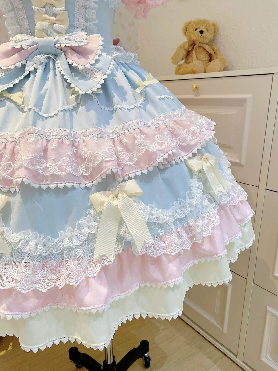 Sweetheart Dream Machine - Ribbon Layers - Lolita JSK Dress with Tiered Ruffles and Bow Details