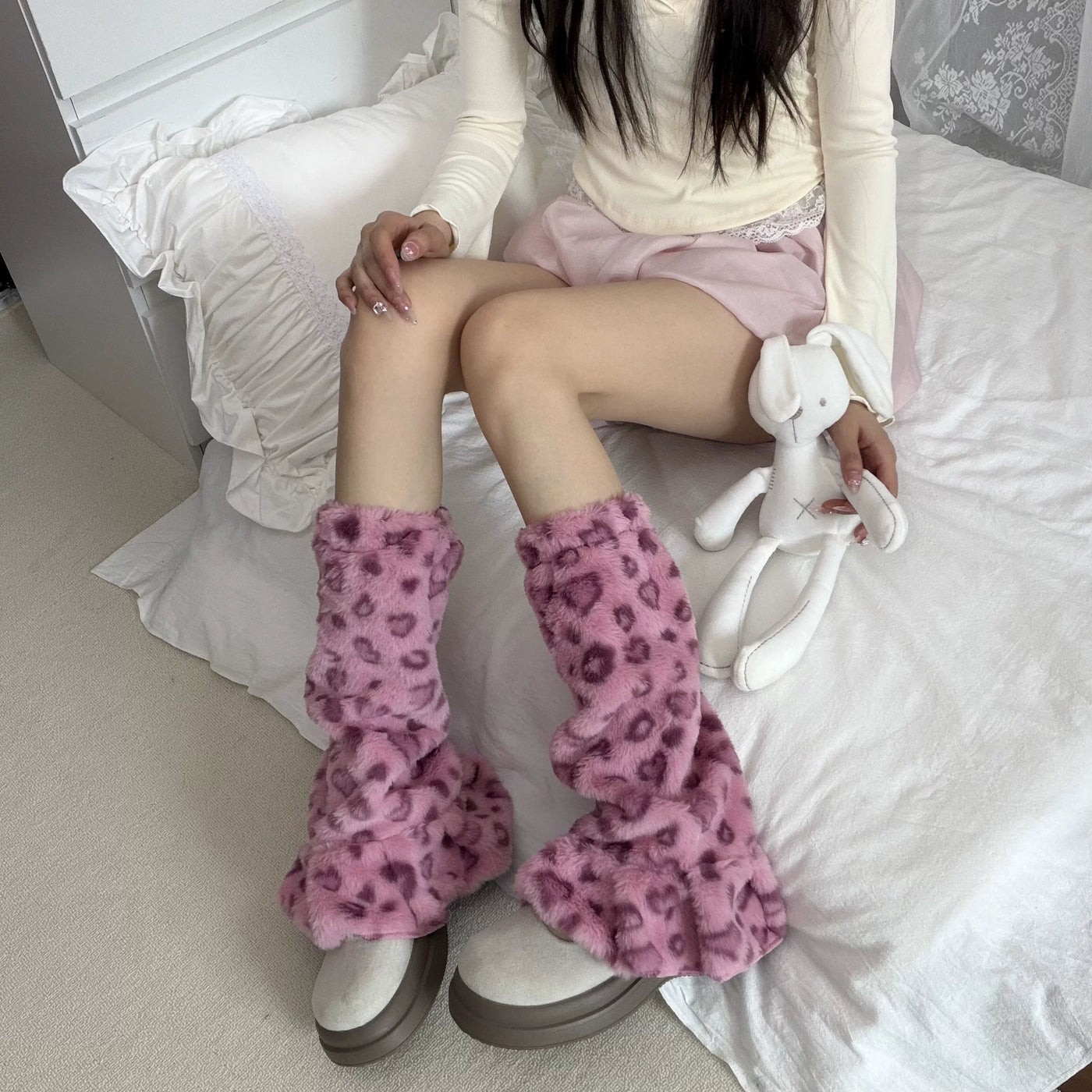 Fantasy Doll - Leopard Flare - Plush Leopard-Print Leg Warmers with Flared Openings