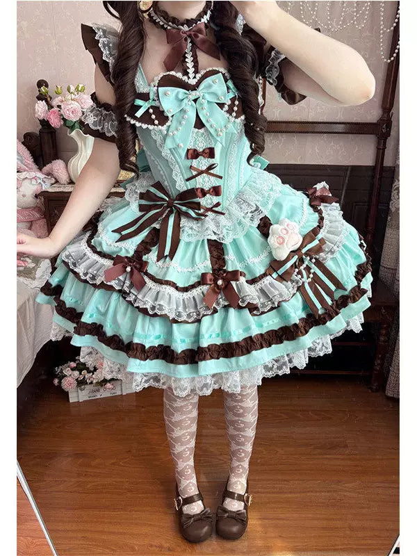 Creamy - Mint Chocolate - Complete JSK Dress Set with Chocolate Bows and Lace Trim