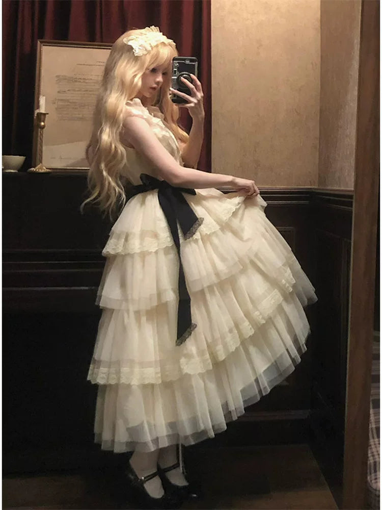 Creamy - Ivory Cake Layers - OP Dress with Lace-Trimmed Tiered Skirt