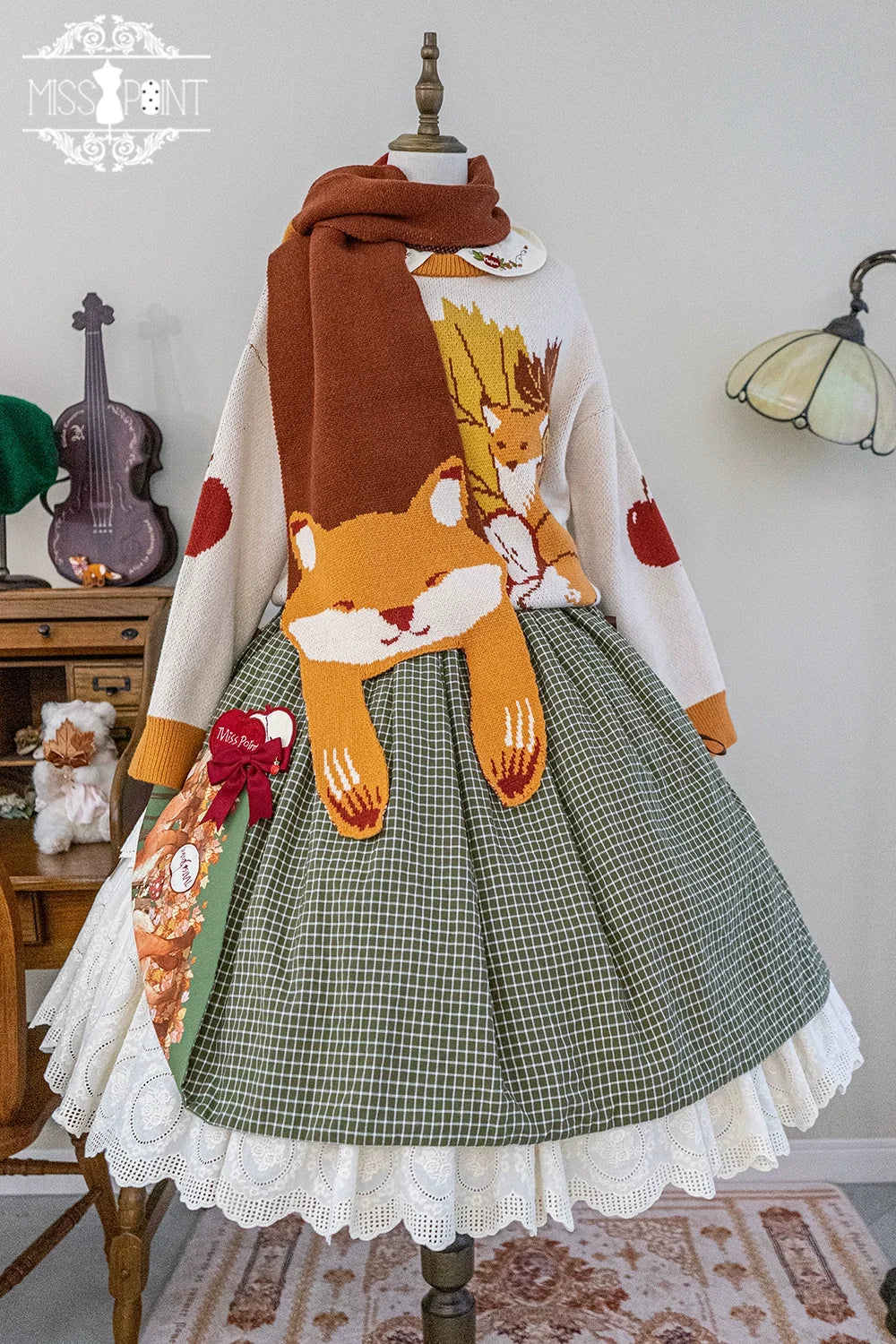 Miss Point - Chubby Fox in the Forest - Kawaii Lolita Accessories Knitted Fox Scarf Embroidered Faux Collar 37116:551872