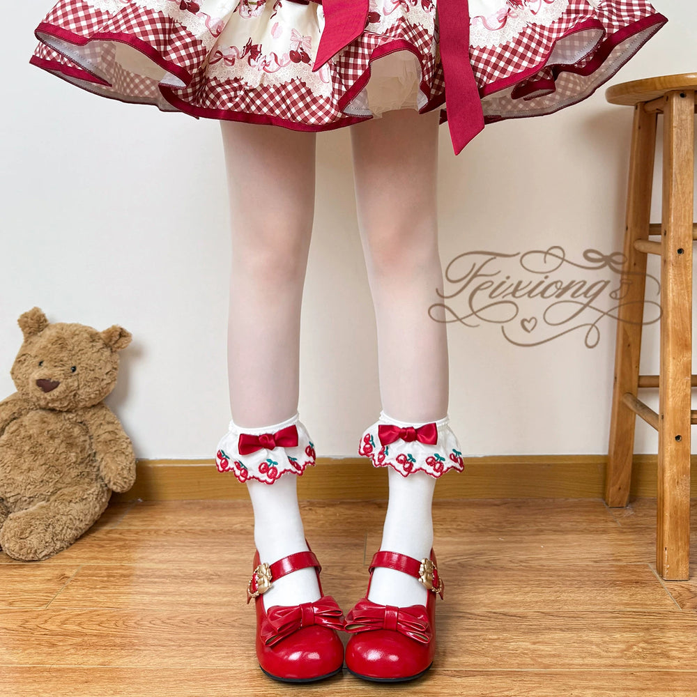 Sweet Lolita mid-calf sock with straight bow, cherry embroidery, and red ruffled cuff