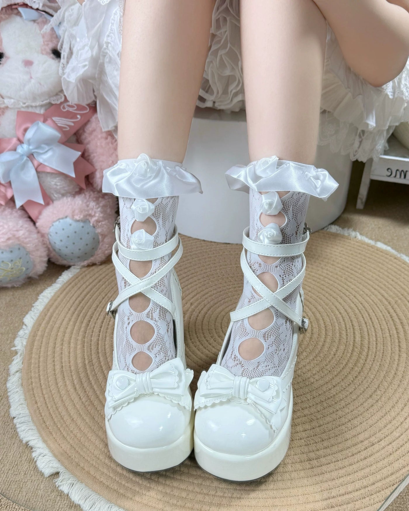 Fantasy Doll - Rose Cutout - Mid-Calf Socks with Openwork Panels